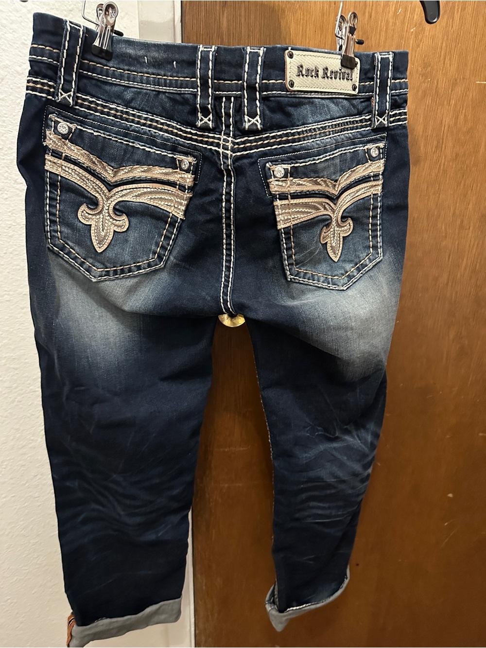 Rock Revival Dark Blue Cropped Jeans with Tan Embroidered Pockets